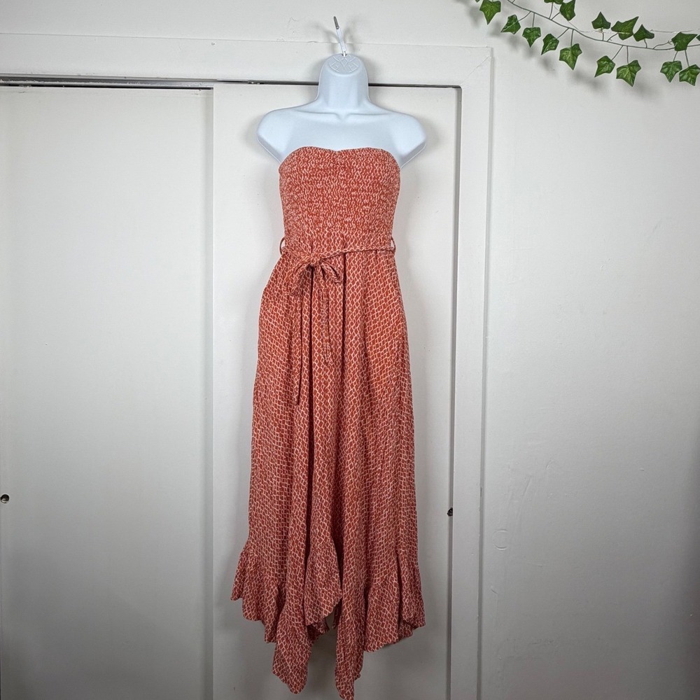 Altar'd State Strapless Smocked Maxi Dress Rust Boho Handkerchief Hem M SS